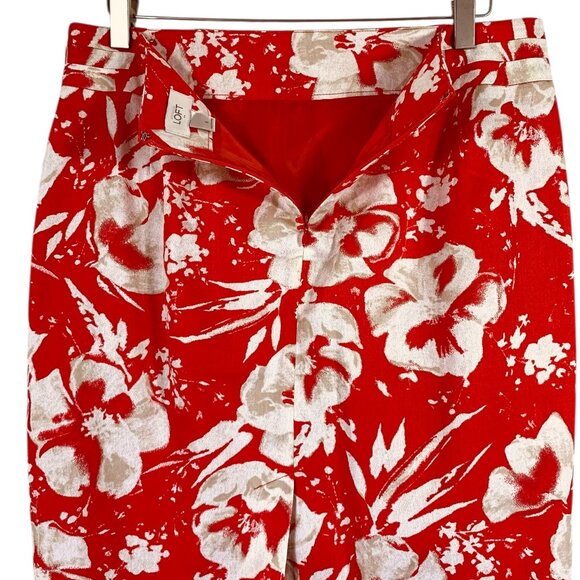 Red Floral Pencil Skirt Above Knee Boho Buttons Back Slit Beige Size 8 LOFT - Picture 6 of 13